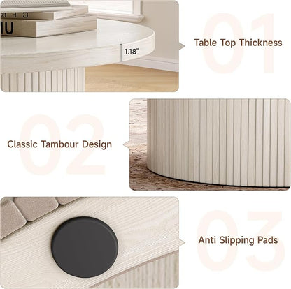 ONBRILL 31.5" Round Coffee Table, Tambour Design Coffee Tables for Living Room, Mid Century Modern Wood Coffee Table, Drum Accent Small Center Table, Natural White