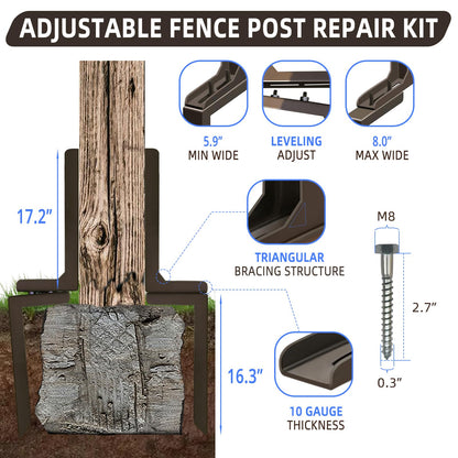 K.D STONEDGE Pack of 4 Adjustable Fence Post Repair Kit Quick Fix Rotted Tilted Broken Leaning Wood Posts Support Easy Solution Heavy Duty Steel Wooden Fence Post Anchor Stakes