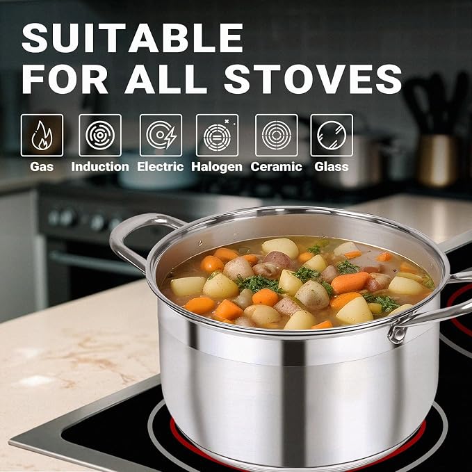 Kirecoo Stainless Steel Stock Pot - 5 Quart Heavy Duty Induction Cooking Pot with Visible Lid for Pasta, Soup, Spaghetti, Nonstick Thick Bottom Big Stockpot, Deep Cookware for Canning, Boiling, Simmer