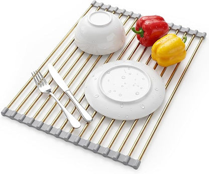Snailhouse Roll Up Dish Drying Rack, Stainless Steel Dish Drainer Over The Sink with Anti-Slip Silicone for Kitchen Counter, Gold (17.8 x 11.8 in) | Stainless Steel Dish Drainer Over the Sink with Anti-Slip Silicone