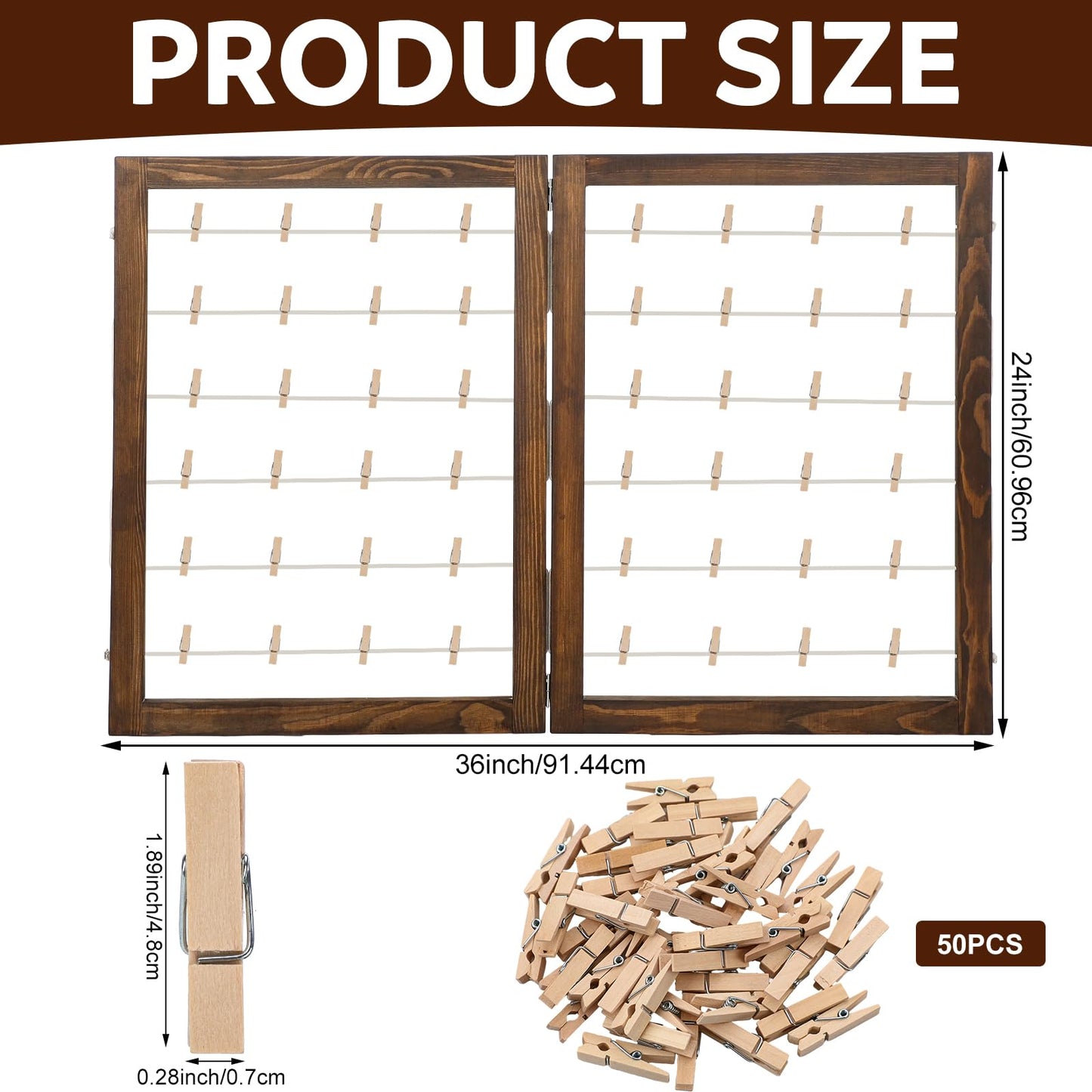 Geelin 36 x 24 Inch Photo Display Board with Clip Farmhouse Picture Display Wooden Rustic Freestanding Picture Collage Frame Wedding Tabletop Decor for Home Dorm (2 Panel,Brown)