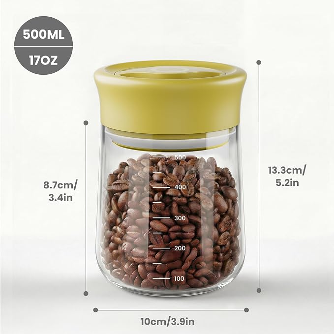 LAKUMIQI Overnight Oats Containers with Lids, 17oz Glass Jars with Airtight Lids, One-Hand 90° Twist-Off Wide Mouth Food Storage for Coffee Bean, Chia Pudding, Meal Prep, Pantry, Yellow