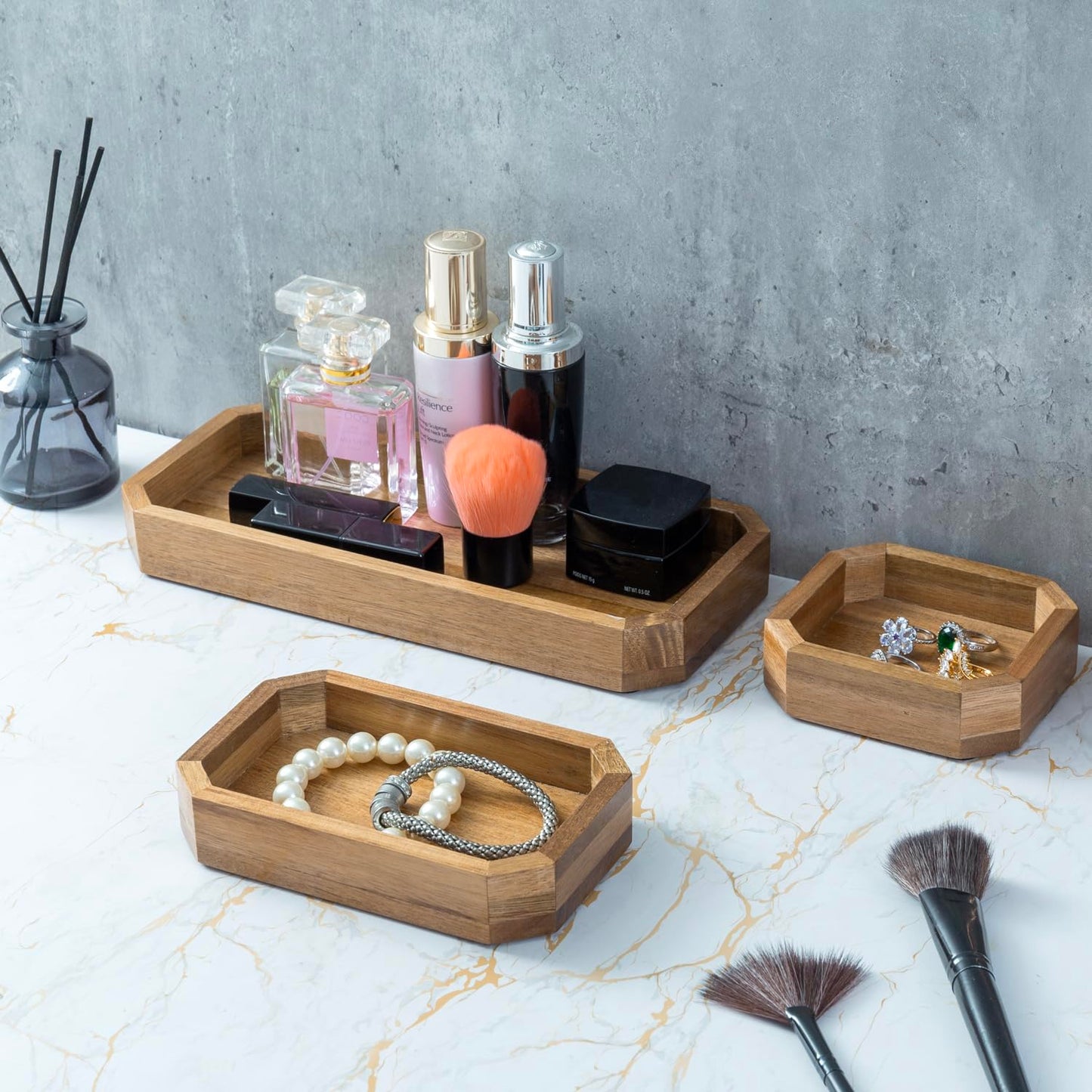 MyGift Premium Solid Acacia Wood Octagonal Desk Organizer Trays Office Stationery Holders, 3 pc Set