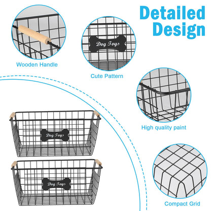 Bromjavol 2-piece Metal Dog Toy Basket with Wooden Handles, Indestructible Dogs Toy Storage Bin, Dogs Organizer Box for Living Room-Chew Proof-Ideal for Outdoor and Indoor-Black