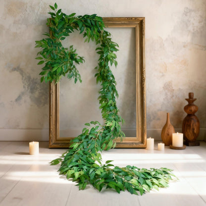 Suncalla 2 Pcs 10 Feet Artificial Vines Garland Faux Italian Ruscus Vine Twigs Silk Green Leaves Greenery Garland for Wedding Table Centerpieces Arch Decor Party Room Home Garden Office Wall Decor