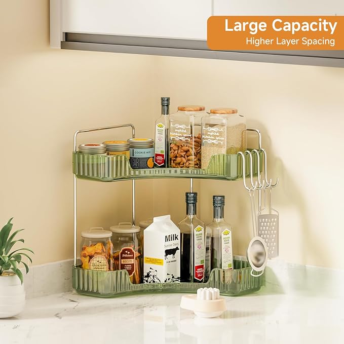 Corner Counter Organizer, 2-Tier Bathroom & Kitchen Storage Tray with Hooks | PET Green Vanity Organizer for Skincare, Makeup & Jewelry