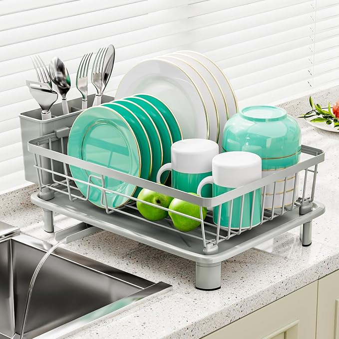 Small Dish Drying Rack, Space Saving Dish Racks for Kitchen Counter, Kitchen Organizer Dish Drainer with Cutlery Holder for Spoons and Forks, 11''W x 15''L, Gray
