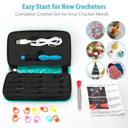 Votris Light Up Crochet Hook Set - 11 in 1 Lighted Crochet Hook Set for Beginners, Ergonomic Soft Grip, Rechargeable Light, Interchangeable Heads - Ideal Crochet Hooks Kit, Gift