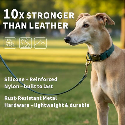 Dog Collar and Leash Set,Leather Silicone Waterproof Odor-Proof Dog Collar and Leash for Small Dogs, Soft Flexible Dog Collars, Durable Thick Adjustable Pet Collar (Green, Small (11-15.5" Neck))