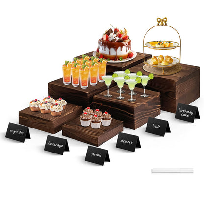 SPVIKISGO 6 Pcs Buffet Risers and stands with Food Signs, Food Risers for Buffet Table, Rustic Wood Cake Stand, Wood Risers Display Stands for Decor, Party, Birthday, Wedding, Baby Shower