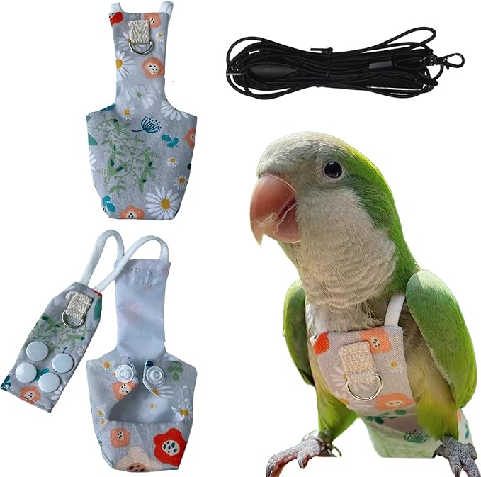Snap-Closure Parrot Diaper Flight Suit for Cockatiels, Lovebirds & Medium Birds Cotton Washable Escape-Proof Harness with Leash Set(Golden Sun Model+1 Meter Rope)