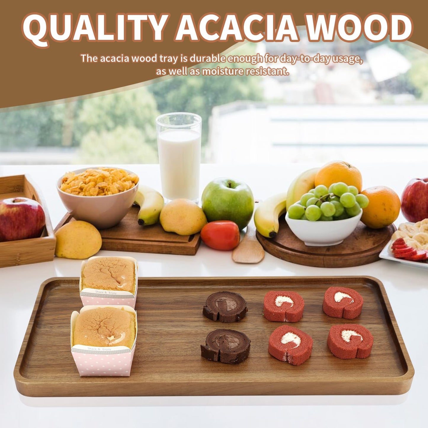 Charmlife 1 pcs 15.7" x 7" Large Solid Acacia Wood Serving Tray Rectangular Wooden Serving Platter Natural Wooden Board for Bar Coffee Party
