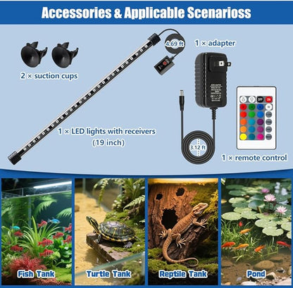 LED Aquarium Light with IP68 Waterproof and Memory Function Submersible Fish Tank Light with Remote and 16 Colors 19 Inches Brightness Adjustable Underwater Light Bar for Fish Tank Aquarium