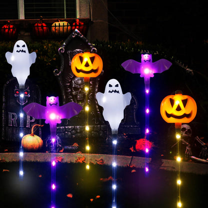 Halloween Decorations Outdoor Solar Pumpkin Bat Ghost Garden Stake Lights, 6-Pack 8 Modes Solar Halloween Lights Waterproof for Outside Home Patio Yard Pathway Grave Lawn Porch Party Decor