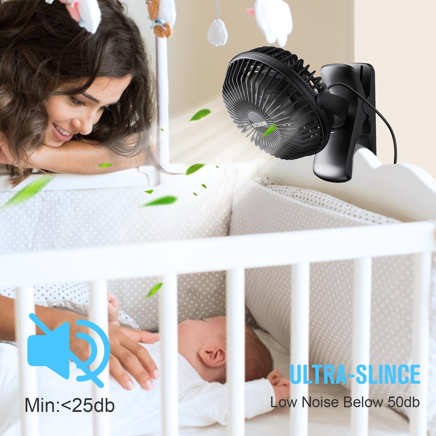 BESKAR Small Clip on Fan, 3 Speeds USB Fans with Strong Airflow, Clip & Desk Fans USB Plug in with Sturdy Clamp - Ultra Quiet operation for Office Dorm Bedroom Stroller