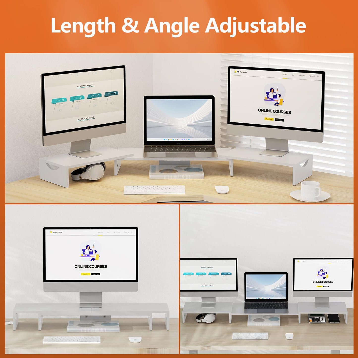 ErgoFocus Triple Monitor Stand Riser, Extra Long Monitor Lift for 3 Monitors, Dual Monitor Stand with Length and Angle Adjustable