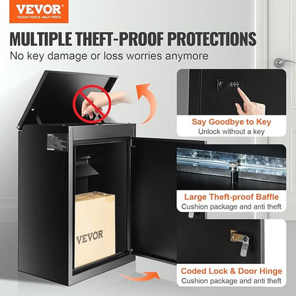 VEVOR Parcel Drop Boxes for Outside 15.4" x 10.6" x 20.5", Galvanized Steel Wall Mount Mailbox with Coded Lock, Anti-Theft Baffle, IPX3 Waterproof Lockable Large Mailbox for Porch, Curbside