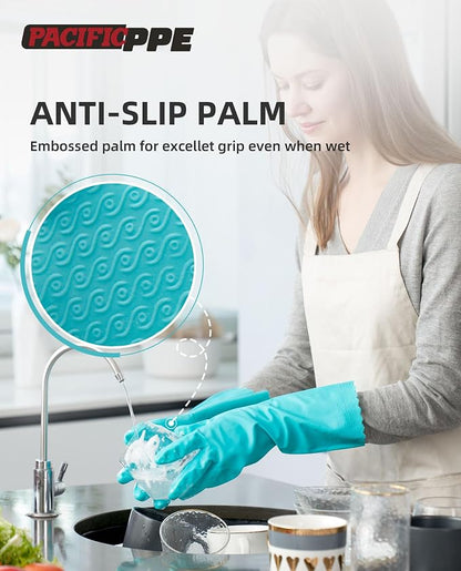 PACIFIC PPE 2 Pairs Reusable Dishwashing Cleaning Gloves with Latex Free, Cotton Lining, Kitchen Gloves, Green, Medium