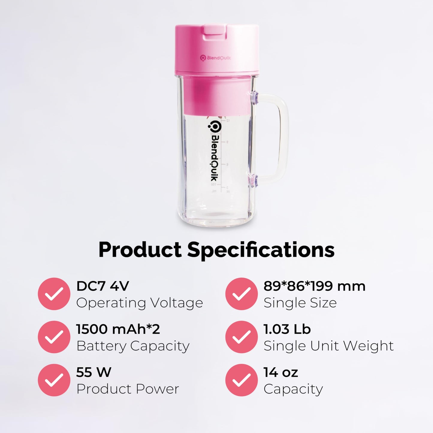 Personal Portable Blender For Shakes & Smoothies, Leakproof & Stylish Portable Mason Jar Shaker, Rechargeable Mini Blender with 10-Blade Blending System 14oz, Pink