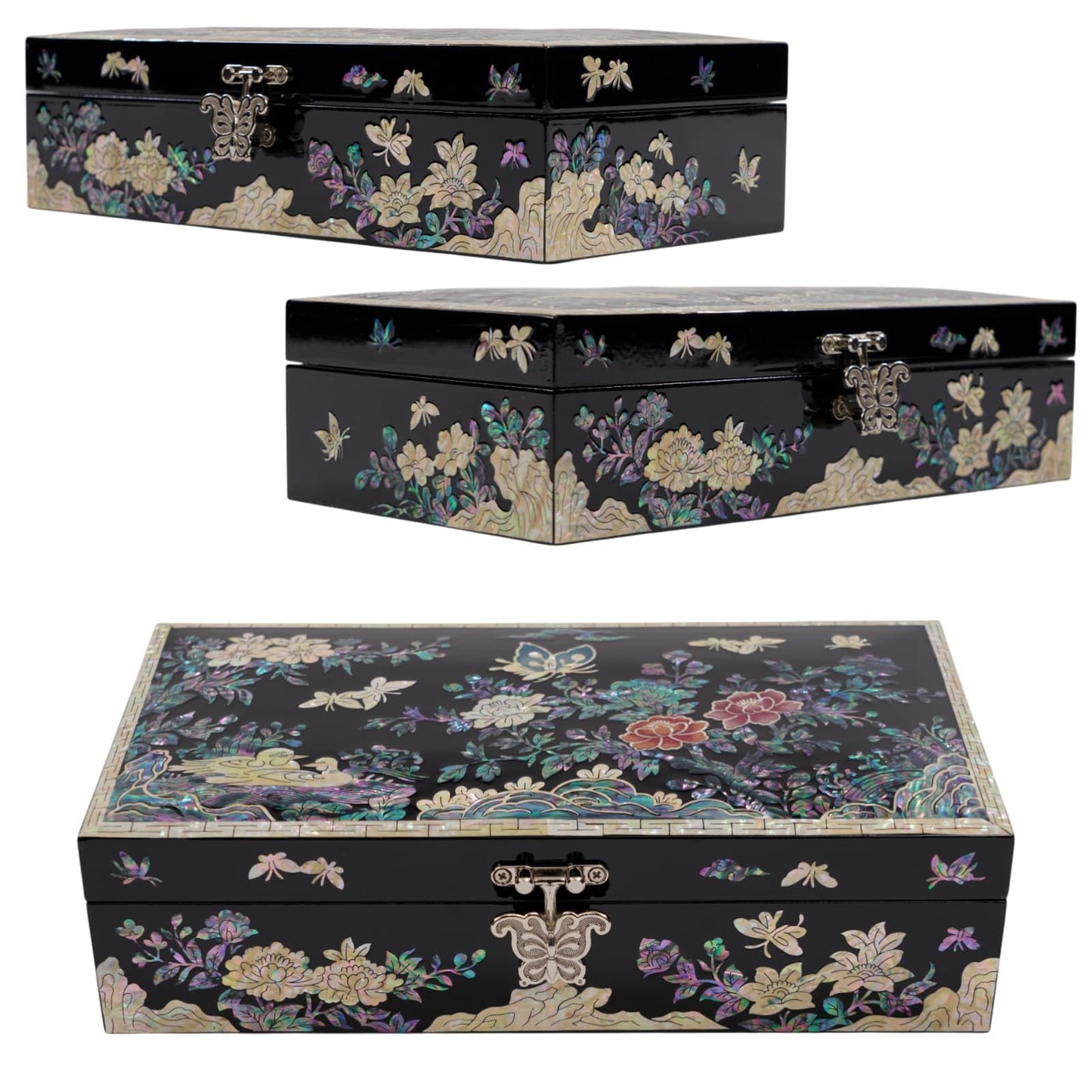 February Mountain Mother of Pearl Jewelry Organizer box - Handmade Large Wooden Box Romantic Anniversary Birthday Gifts for women (Butterflies in Peony Garden)