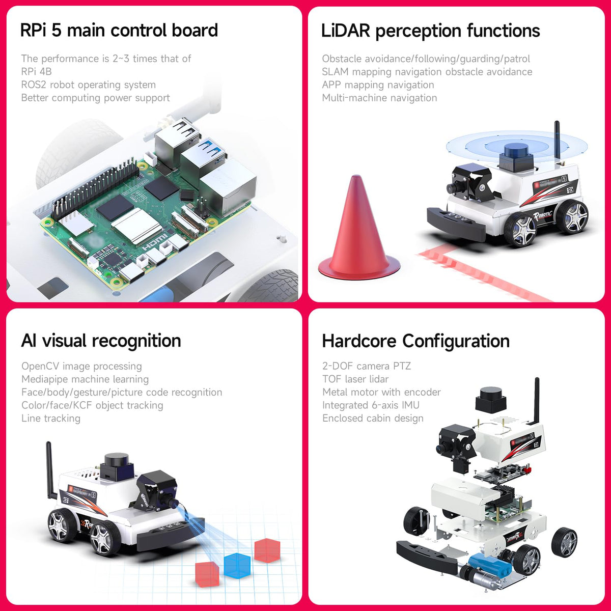 Yahboom Raspberry Pi 5 AI Visual ROS2 Smart Robot Car Kit 2DOF Carmer Autonomous Driving Lidar Stem Education Project for Teen Engineers Students (with Raspberry Pi5-8GB), White
