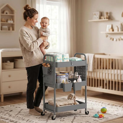 danpinera 3 Tier Rolling Cart with Retractable Dividers, Multi-Functional White Rolling Utility Cart with Pegboards, Hooks & Hanging Cups for Nursery, Living Room, Studio