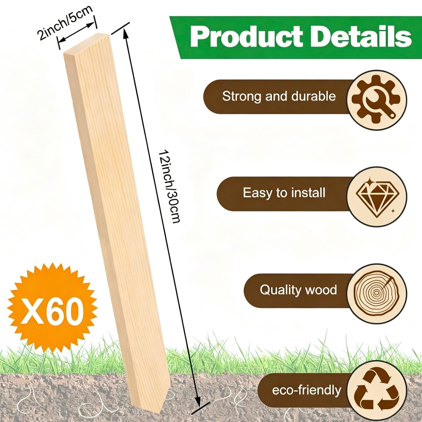 30 Pack Wooden Garden Stakes 12 Inch Solid Wood Marking Stakes for Landscaping Plant Support Yard Layout Survey Fence and Boundary Identification