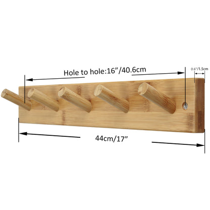 SKOLOO Wooden Wall Mounted Coat Rack,16'' Hole to Hole, 5 Pegs Bamboo Wall Hook for Hanging Clothes Robes Towels Hats,Natural Gold