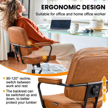 Artswish Mid Century Office Chair, Faux Leather Ergonomic Desk Chair with Arms, 360° Swivel Height Adjustable Computer Chair, Retro Home Office Task Chair with Wheels, Brown