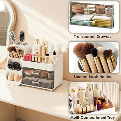 Bathroom Countertop Makeup Organizer with Brush Holder, Large Cosmetic make up storage organizers with 2 Drawers for Vanity Counter top, Makeup Caddy for skincare, lipsticks, hairbrush