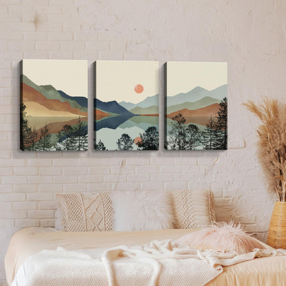 Framed Boho Mountain Landscape Wall Art Set of 3-Canvas Prints, with Sunset and Lake Pictures posters Modern Minimalist painting Living Room, Bedroom, Office Ready to Hang 16x24Inch