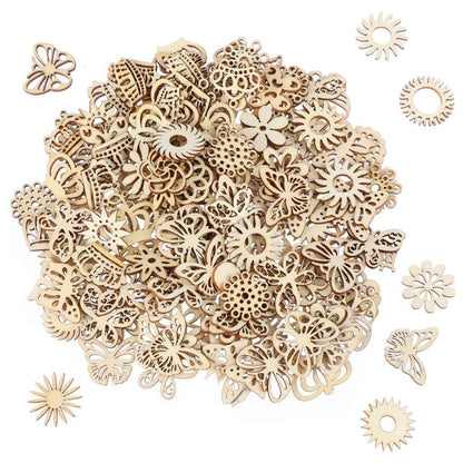 300Pcs Wooden Embellishments,Flower Butterfly Shape Wooden Cutouts Wooden Scrapbooking DIY Handmade Crafts Children Graffiti Home Decor Wooden Crown Pieces Discs Wood Slice Ornament Manual Accessories