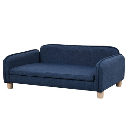 Big Sized Dog Bed -Wooden Frame Pet Sofa Couch, Washable Cushion Cat Couch, Linen Fabric Dog Sofa and Chair for Medium Pet Rest. (Blue)