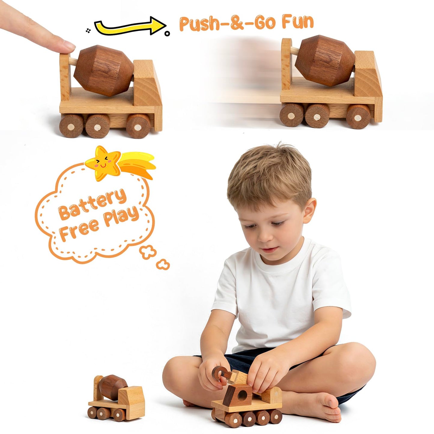 kienvy Wooden Toy Cars for 3 Year Old Boys & Girls - Construction Vehicles Set Push Toys for Toddlers, Wood Montessori Car with Rolling Wheels, Natural Wood Toys (Crane & Concrete Mixer Truck)