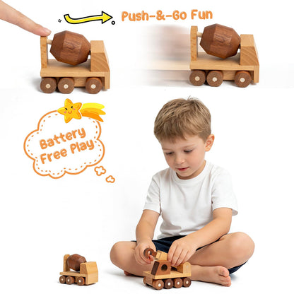 kienvy Wooden Toy Cars for 3 Year Old Boys & Girls - Construction Vehicles Set Push Toys for Toddlers, Wood Montessori Car with Rolling Wheels, Natural Wood Toys (Crane & Concrete Mixer Truck)