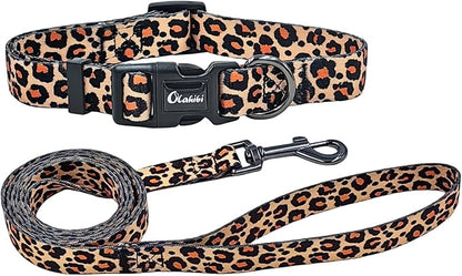 Dog Collar Leash Set, Leopard Pattern, Polyester Material, Adjustable Collar and 5ft Matching Leash, for Medium Dogs.(M, Yellow Leopard)