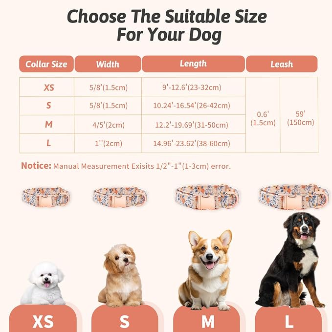 Dog Collar and Leash Set Girls Adjustable Puppy Collars with Floral Bow Tie for Small Medium Large Female Dogs, Orange Flower, S