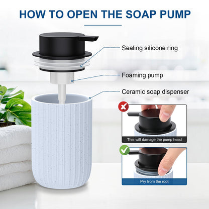 Ceramic Foaming Soap Dispenser, 12 oz Bathroom Foam Hand Soap Dispenser, Refillable Lotion Soap Dispenser with Removable Pump for Kitchen Hand Wash Dispenser, Modern Home Decor(2Pack-Black)