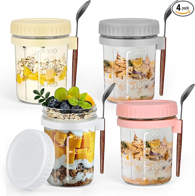 4Pack Overnight Oats Containers with Lids and Spoons,13oz Mason Overnight Oats Jars for Yogurt,Jars for Overnight Oats,Chia Pudding Jars with Lids