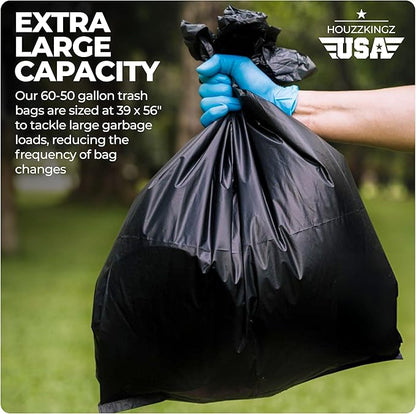 55 Gallon Large Trash Bags 20 Black Contractor Garbage Bags | Heavy Duty Lawn