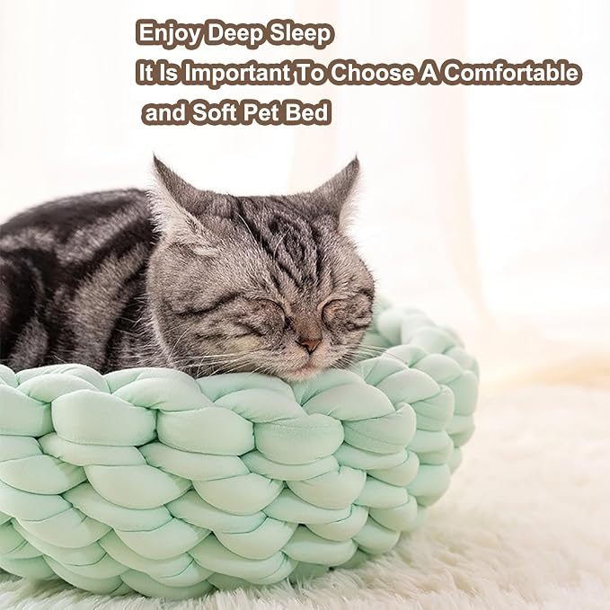 Woven Dog Bed Basket, Knitted Cotton Cat Bed Round Washable Woven Cat Pet Bed Chunky Dog Basket, Orthopedic, Chunky Knit Dog Nest,Dog Bed,Dog Cave,Dog Bedding(Beige,19")