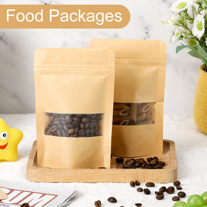 Leelosp 300 Pcs Kraft Bags with Window 4 x 6 Inch Kraft Stand up Reusable Pouches Food Storage Paper Bags Heat Sealable Zipper Sealing Pouches Bulk for Bakery Snack Home or Packaging Business(Brown)