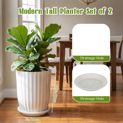 Briwooody 2 Pcs Tall Planter 12.6" Large Round Plastic Plant Pots with Drainage Hole and Tray White Modern Planter for Indoor Outdoor Plants Home Office Kitchen Bedroom Living Room Porch Patio Decor