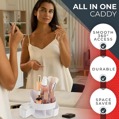 Masirs 360° Rotating Makeup Organizer – Small Acrylic Cosmetic Storage Caddy, 5 Compartments, Mini Lazy Susan for Vanity, Bathroom, Skincare, Brushes & Lipsticks, Square White
