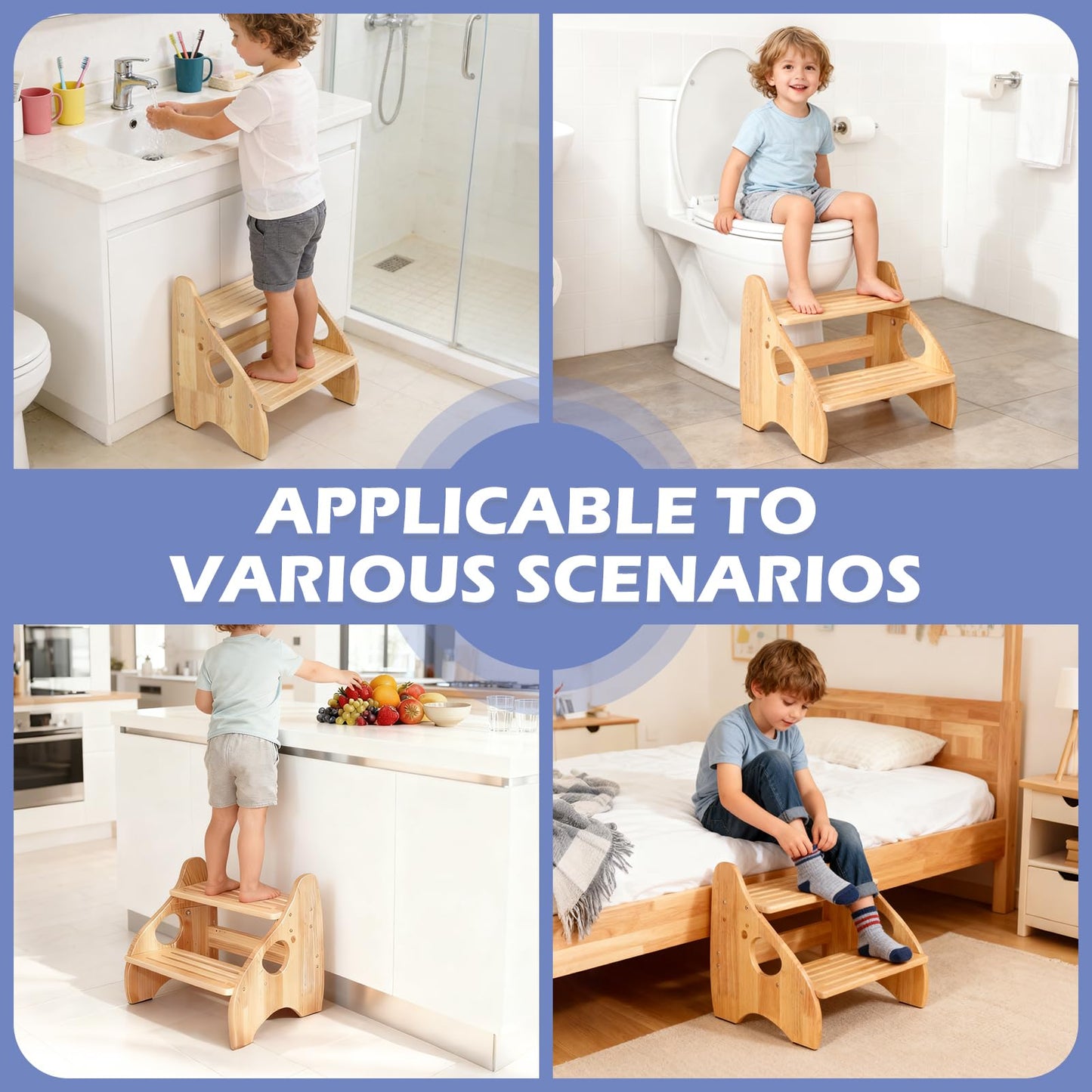 Toddler Step Stool, Adjustable Height 2 Step Stool for Kids with Handles & Non-Slip Pads, Rubberwood Kids Step Stool for Bathroom Sink, Kitchen & Bedroom, Supports Up to 200 lbs, for Adults & Kids