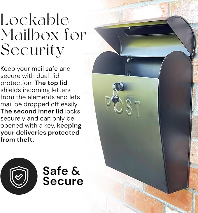NACH Locking Mailbox, 15.07 x 12.44 x 5.39 inches, Black Lockable Mailboxes for Outside, Large Wall Mount Mailbox - The Sylvia Mailbox