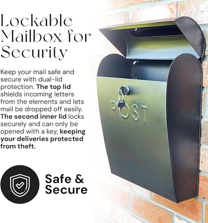 NACH Locking Mailbox, 15.07 x 12.44 x 5.39 inches, Black Lockable Mailboxes for Outside, Large Wall Mount Mailbox - The Sylvia Mailbox