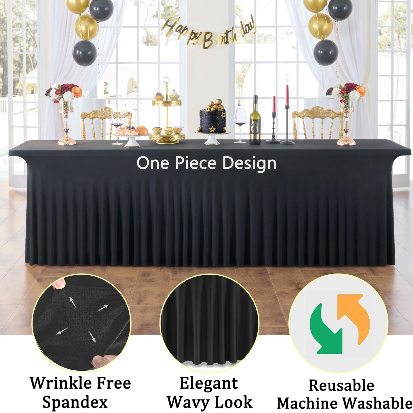 CO-AVE 8pk Black Spandex Tablecloths for 8ft Rectangle Tables, Wrinkle Free Wavy Table Skirt Stretchy 8 Foot Fitted Table Cloth Covers for Weddings Birthday Halloween Party Events Banqute Baby Shower