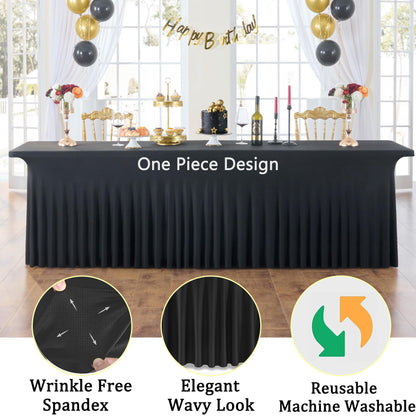 CO-AVE 8pk Black Spandex Tablecloths for 8ft Rectangle Tables, Wrinkle Free Wavy Table Skirt Stretchy 8 Foot Fitted Table Cloth Covers for Weddings Birthday Halloween Party Events Banqute Baby Shower