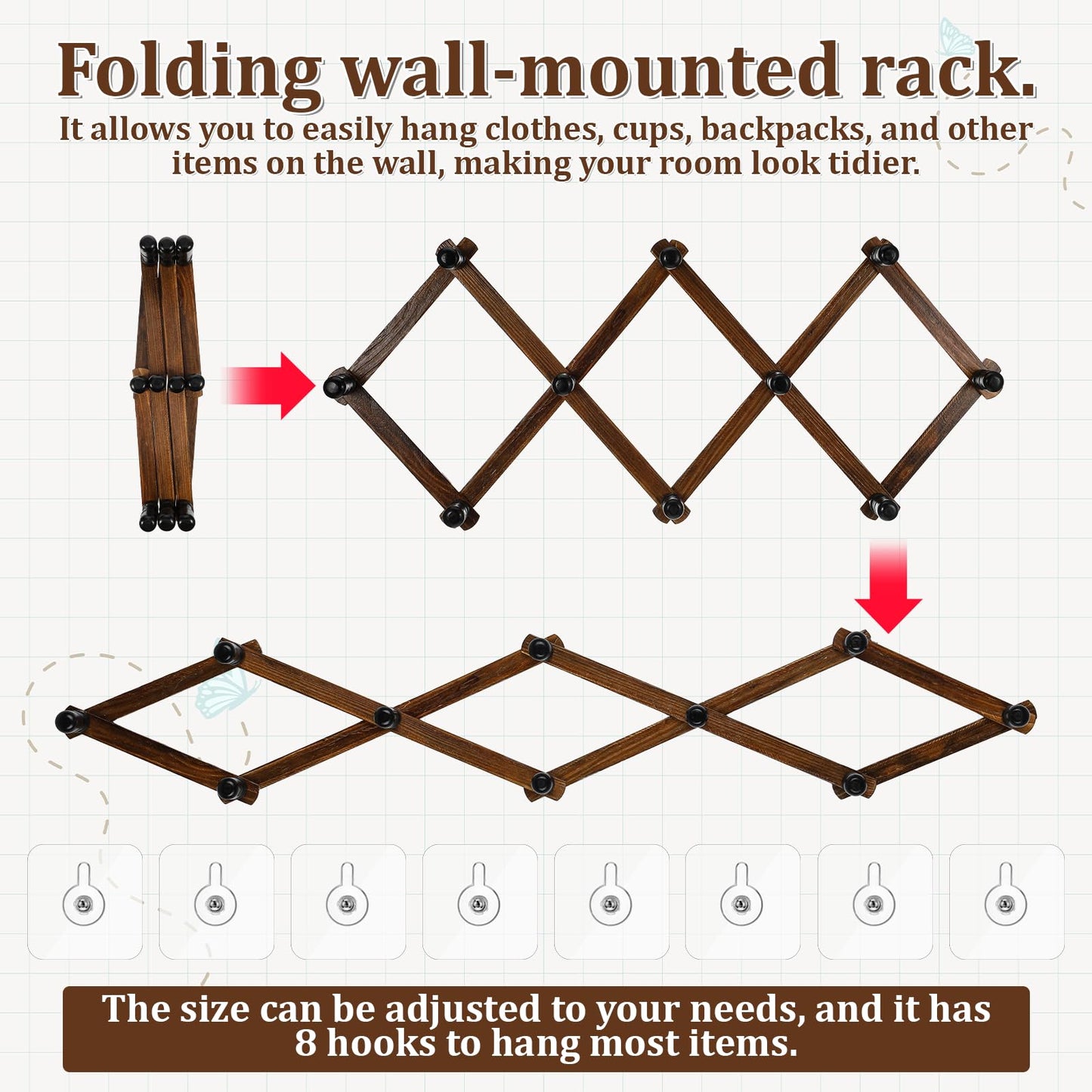 Lyksgir 4 Pcs Accordion Wall Hanger, Wooden Expandable Wall Mounted Hanger, Expandable Coat Rack, X Shape Coat Hooks for Hat, Coats, Coffee Mugs, Scarf, Including 40 Pegs with 8 Adhesive Hook (Brown)